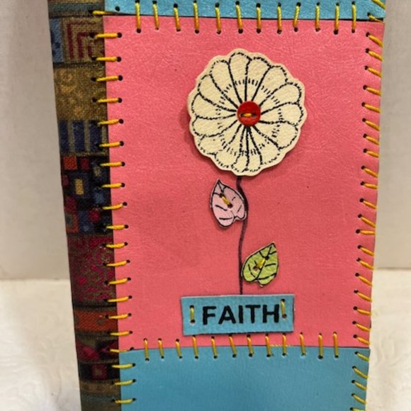 Handmade Pink Blue Leather Fabric FAITH Floral Wallet 3.75"x7.5" - Picture 3 of 9